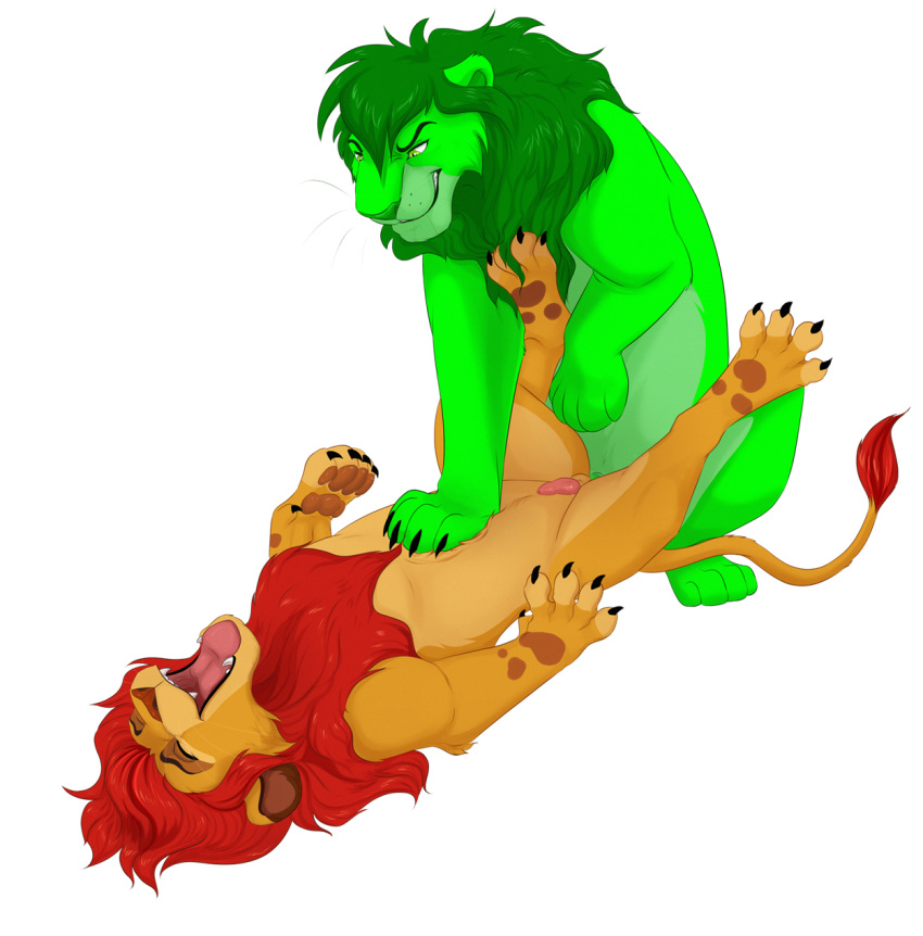 aged_up anal anal_sex disney duo felid feral fur gay genitals green_body green_fur green_mane grin hi_res kion lion looking_pleasured malaika4 male male/male male_only mammal mane pantherine paw_on_chin penetration penis smile the_lion_guard the_lion_king yaoi