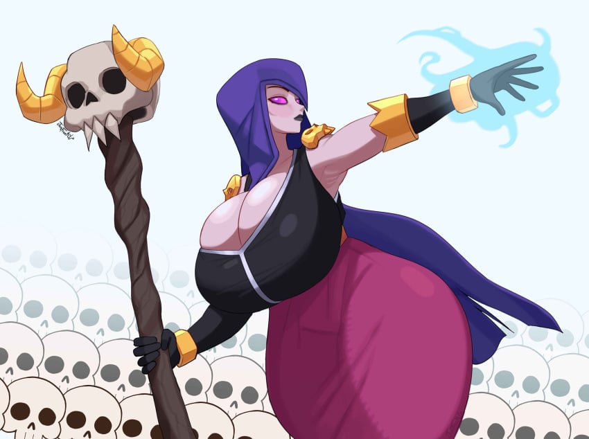 armpit army big_ass big_breasts black_gloves bracelets cape gloves glowing_eyes golden_bracelets golden_horns hood horns junfreaky long_skirt magic magic_staff shoulder_pads skeleton skeletons skull tight_clothing topwear wide_hips wide_thighs witch_(clash_of_clans) witch_(clash_royale)