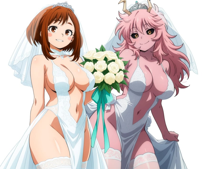 2female 2girls ai_generated ashido_mina boku_no_hero_academia bride cleavage mina_ashido my_hero_academia ochako_uraraka thigh_highs thighhighs uraraka_ochaco uraraka_ochako wedding_dress wedding_lingerie white_dress