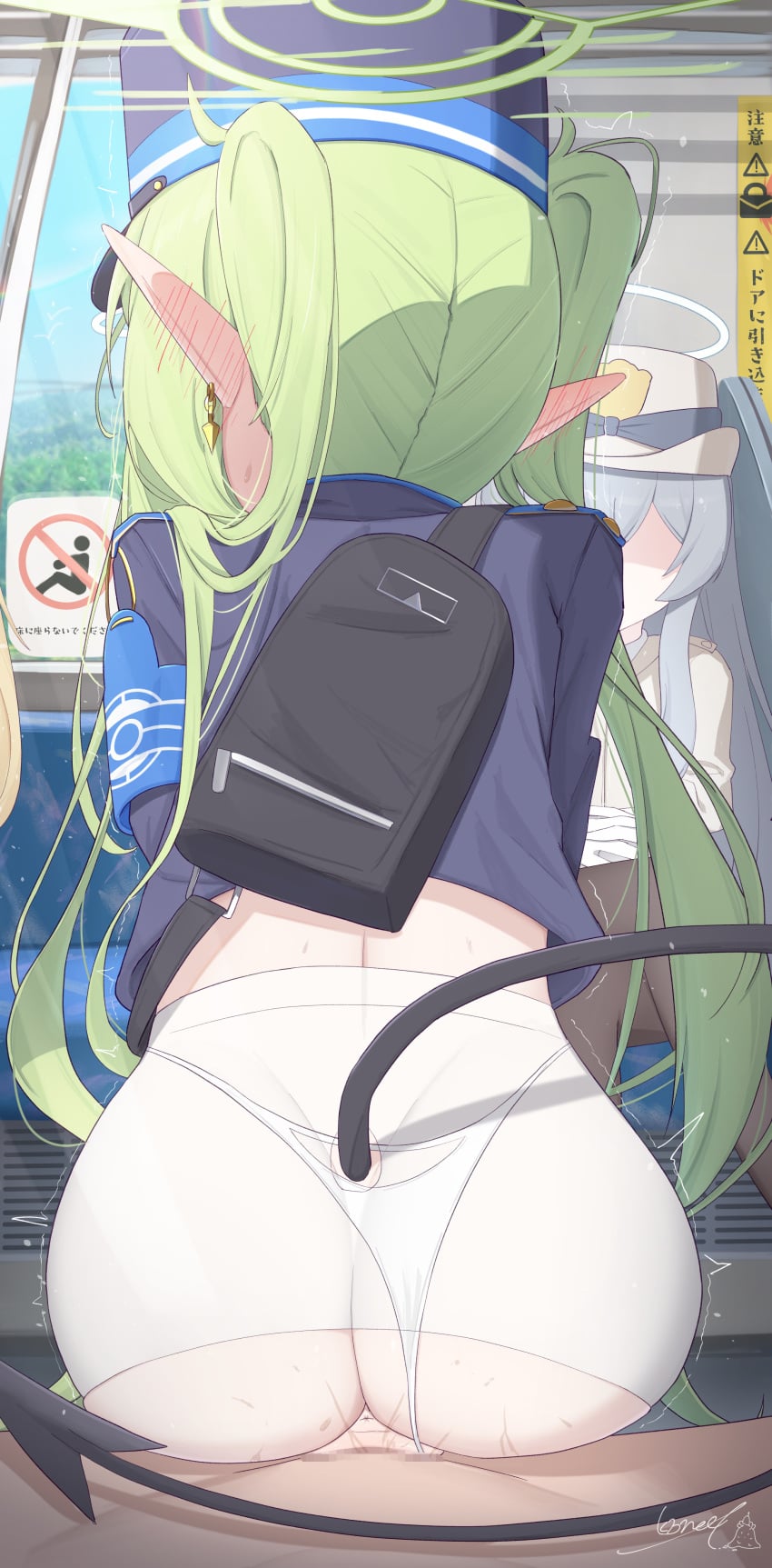 1boy 1girl absurdres anus armband ass blue_archive censored clothing_aside cropped_jacket crossbody_bag demon_tail exhibitionism green_eyes green_hair green_halo halo hat hetero highlander_railway_academy_student_(hg)_(blue_archive) highres kabomeel_lse mosaic_censoring no_pants nozomi_(blue_archive) outdoors panties panties_aside pantyhose peaked_cap pointy_ears pov public_indecency pussy_juice sex sex_from_behind signature tail torn_clothes torn_pantyhose train_interior underwear vaginal