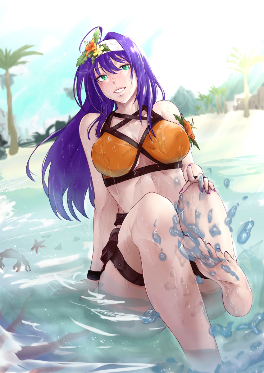 beach big_breasts bikini fire_emblem fire_emblem:_path_of_radiance fire_emblem:_radiant_dawn fire_emblem_heroes flower flower_in_hair green_eyes large_breasts long_hair mia_(fire_emblem) mia_(summer)_(fire_emblem) purple_hair sea seaside smile swimsuit vialnite