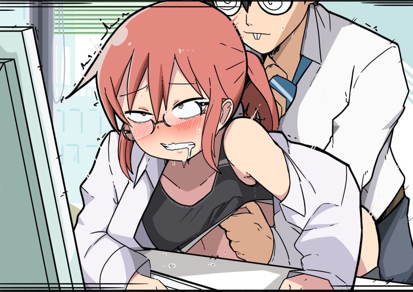 /\/\/\ 1boy 1girls ambiguous_penetration blush clothed clothed_sex clothing constricted_pupils cucked_lesbian glasses implied_sex kobayashi mark_gavatino miss_kobayashi's_dragon_maid orientation_play pleasure_face straight takiya_makoto trembling