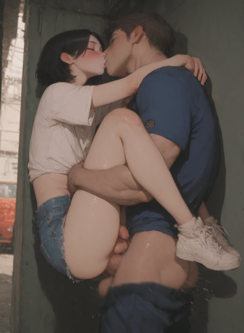 2boys ai_generated anal anal_sex arms_around_legs arms_around_neck black_hair blush bob_cut carrying_partner crop_top denim_shorts femboy feminine_male flaccid_while_penetrated freckles hannai kissing kissing_while_penetrated leg_grab male male_only muscular_male otoko_no_ko pants_down penis penis_size_difference size_difference stand_and_carry_position standing standing_sex testicles thigh_grab thrusting trap yaoi