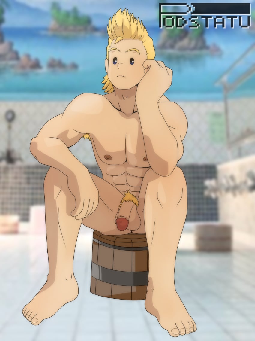 abs armpit_hair bathhouse bathroom blonde_hair blonde_pubic_hair flaccid flaccid_cock flaccid_penis gay looking_at_viewer mirio_togata muscles my_hero_academia nipples podstatu pubic_hair yaoi