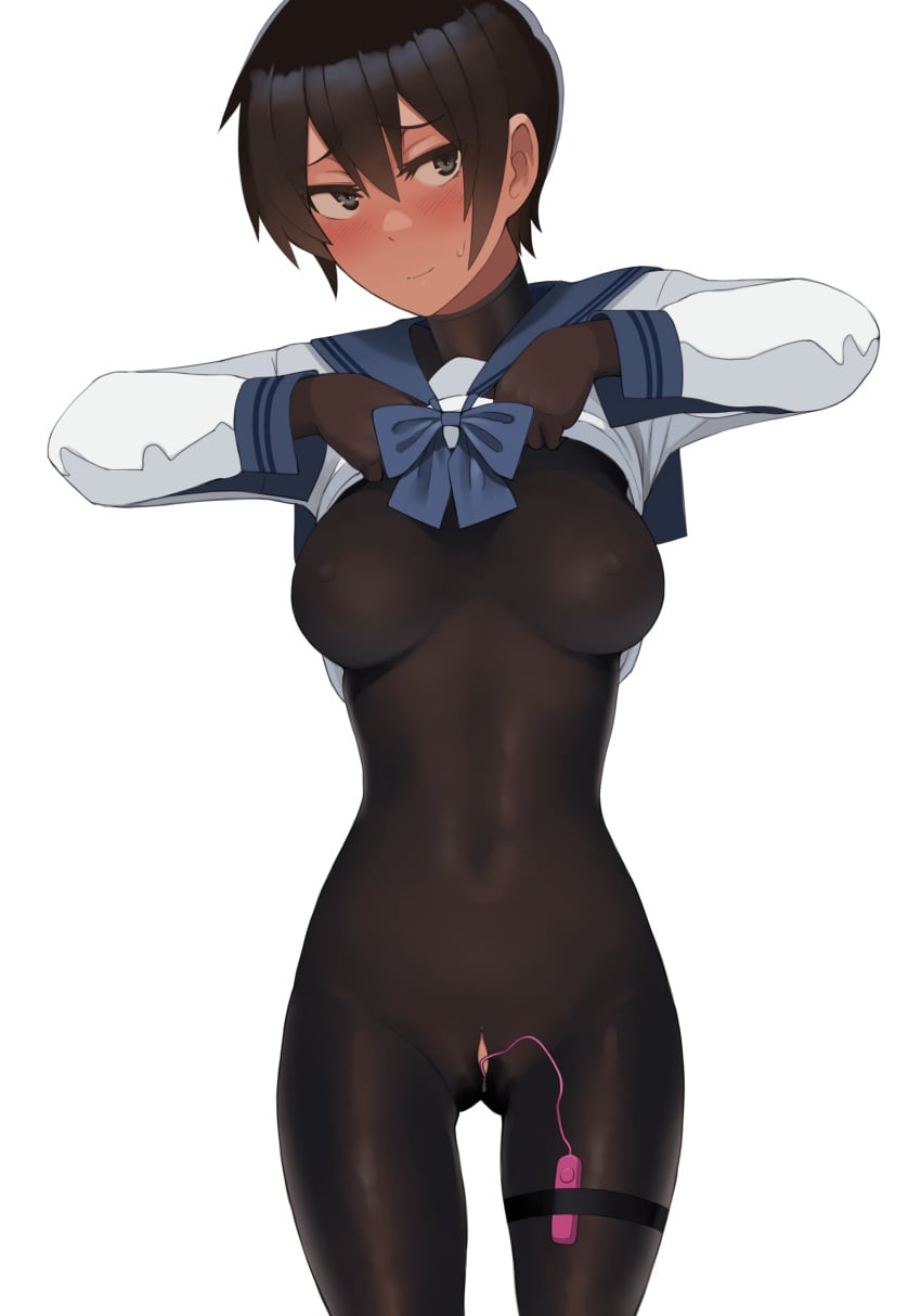 1girls 2d black_eyes black_hair blush blush_lines blushing boobs breasts clothed clothing female female_only hair hi_res highres human kuronami_(lvi) lvi medium_breasts oc original_character plain_background presenting presenting_breasts rubber_suit short_hair simple_background solo solo_female standing tomboy white_background