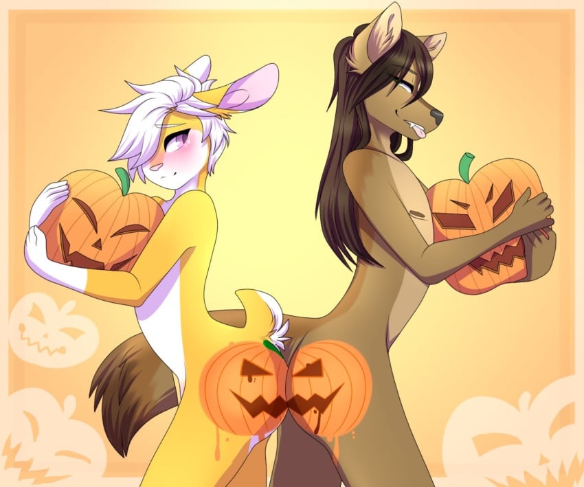 2boys anthro ass-to-ass blush body_paint brown_hair canid canine dog fang femboy furry gradient_background halloween highres jack_o'_lantern lagomorph long_ears long_hair male_only naked novaberry nude orange_background pumpkin_butt rabbit short_hair stan_(novaberry) tail tongue tongue_out white_hair yellow_fur