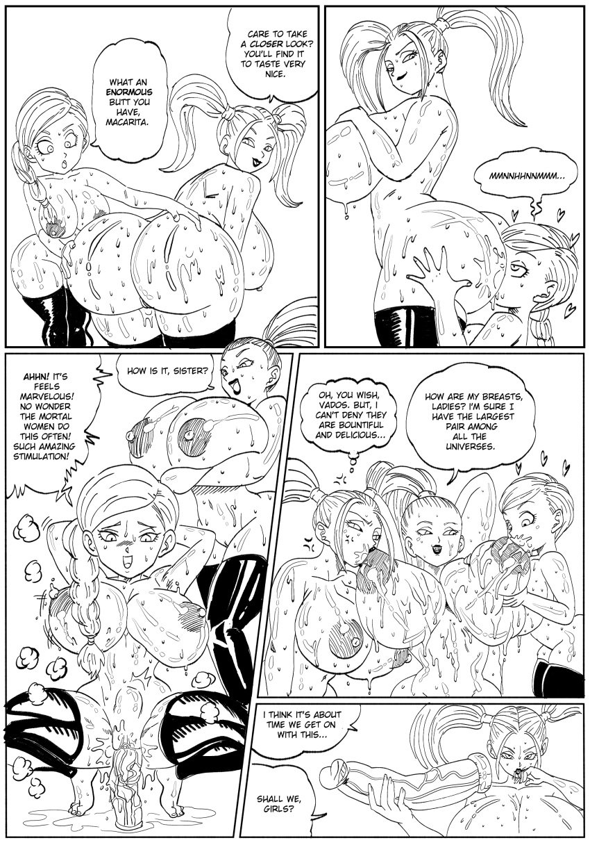 3girls angel_(dragon_ball) artist_name black_and_white breast_sucking character_name comic copyright_name cus dildo doompypomp dragon_ball huge_breasts incest lactation marcarita monochrome nude sisters sketch speech_bubble text vados vaginal_object_insertion yuri