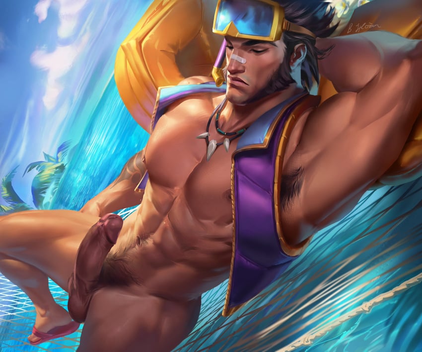 1boy abs armpit_hair azalien bara bich_hoan bichhoan erection gay jarvan_lightshield_iv league_of_legends male male_only muscular nude painting_(artwork) pecs penis pool_party_jarvan_iv pool_party_series solo yaoi