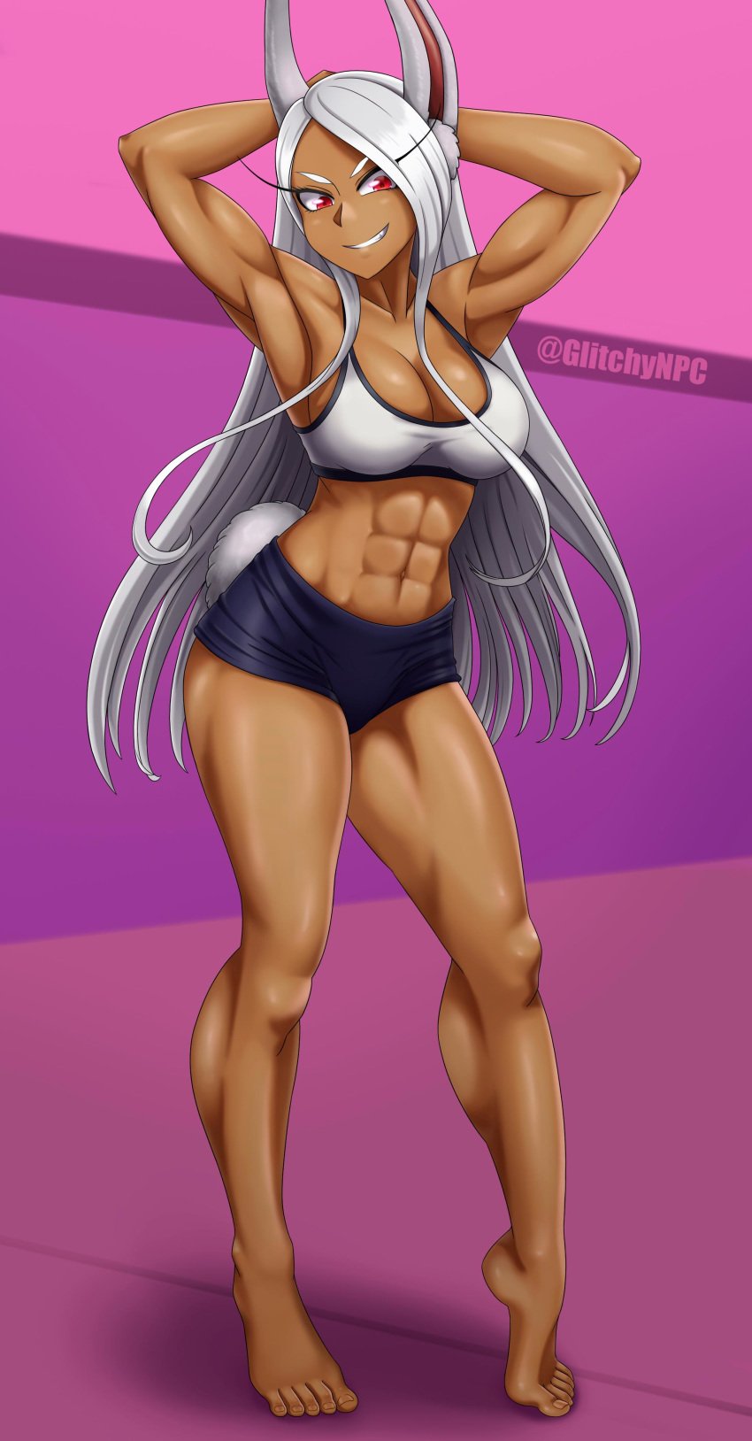 abs barefoot big_breasts bunny_ears bunny_tail dark-skinned_female dark_skin feet female female_only glitchynpc long_hair miruko muscular muscular_female my_hero_academia nipples red_hair rumi_usagiyama smile solo solo_female solo_focus sportswear white_hair