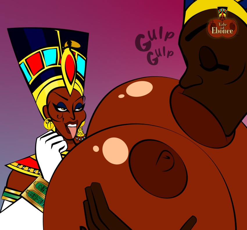 1boy 1girls big_breasts big_nipples breast_grab breast_hold breast_squish breast_sucking breasts egypt egyptian exposed_breasts huge_breasts large_breasts newdity pharaoh queen_titahatenamun_ebonee servant squished_breasts tale_of_ebonee