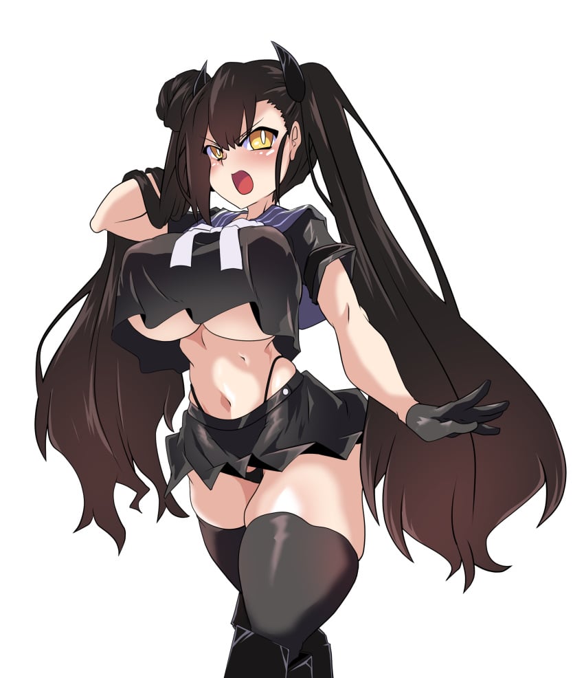 1girls alternate_breast_size black_gloves black_hair black_legwear black_panties blush breasts brown_hair crop_top female g-string girls'_frontline gloves h_earth high_resolution horn huge_breasts kneehighs large_breasts long_hair miniskirt navel nipple_bulge open_mouth ouroboros_(girls'_frontline) plain_background sailor_collar sangvis_ferri skindentation skirt solo standing thick_thighs thighhighs thighs thong tied_hair tight_clothing twintails underboob very_high_resolution very_long_hair white_background yellow_eyes