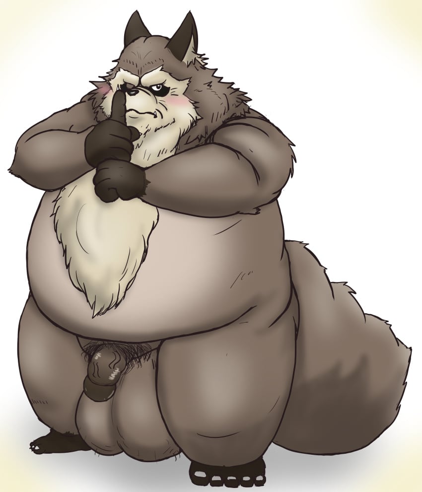 2020 absurd_res anthro balls belly big_balls blush brown_body brown_fur canid canine fur genitals heisei_tanuki_gassen_ponpoko hi_res humanoid_hands inugami_gyoubu_(pom_poko) kemono male male_only mametanu_tanuki mammal one_eye_closed overweight overweight_male penis pom_poko pubes raccoon_dog simple_background solo studio_ghibli tanuki testicles white_background wink