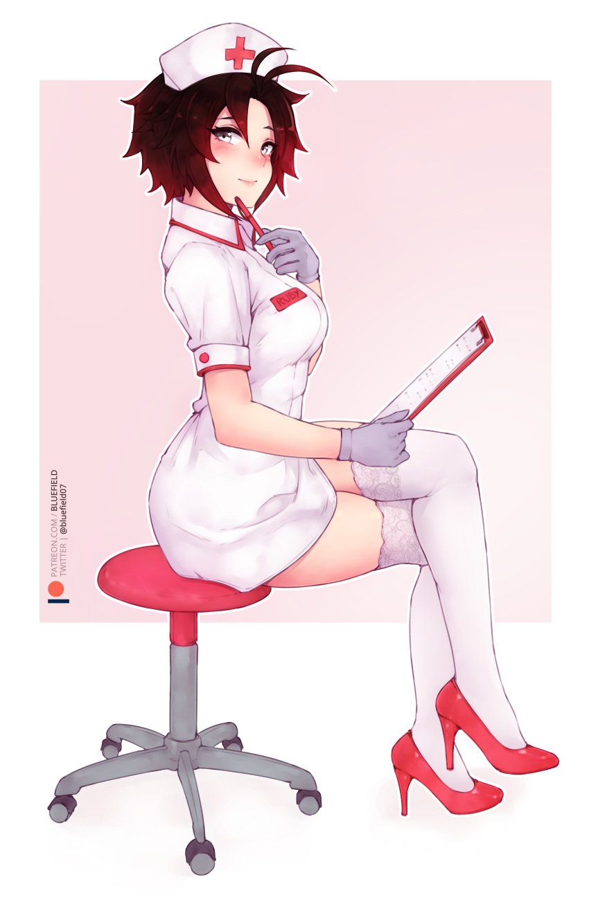 1girls ass black_hair bluefield blush breasts chair clipboard closed_mouth crossed_legs female female_only female_solo full_body full_color gloves hat high_heels high_resolution holding holding_object holding_pen legs looking_at_viewer nurse nurse_cap nurse_clothes office_chair pen pink_background pink_footwear purple_gloves red_heels red_high_heels ruby_rose rwby shoes short_hair sitting sitting_on_chair smile solo thighhighs thighs very_high_resolution white_background white_eyes white_legwear white_thighhighs