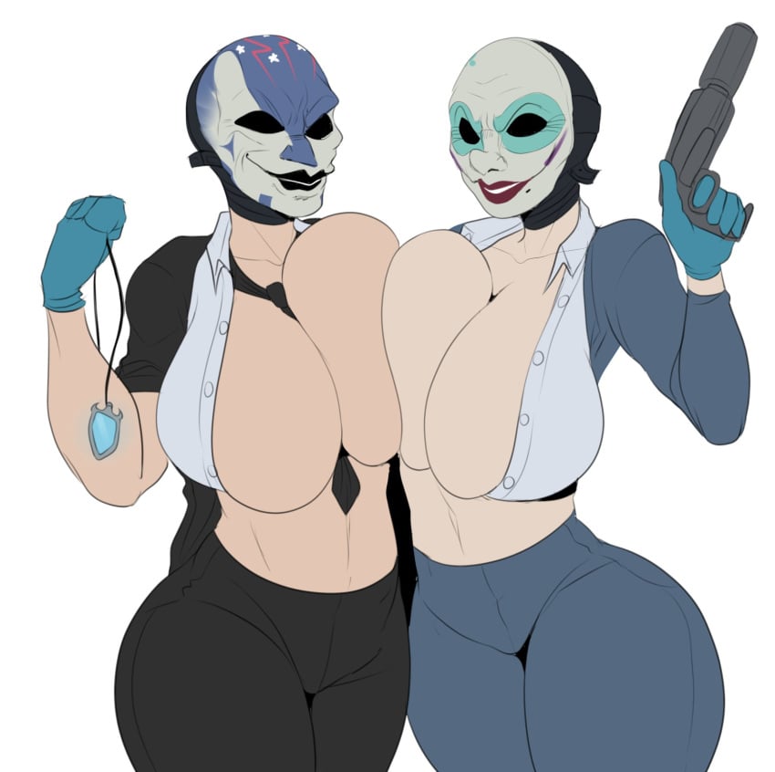 2girls asymmetrical_docking big_ass big_breasts breasts_bigger_than_head breasts_to_breasts cleavage clothing clover_(payday_2) collarbone detnox diamond_(gem) female/female female_focus female_only firearm formal formal_attire formal_clothes formal_wear gloves gun handgun holding_gun holding_object huge_breasts human large_breasts mask masked midriff mole mostly_clothed multiple_girls open_clothes pale_skin payday_2 payday_masks pistol seductive_smile suppressor sydney_(payday_2) thick_thighs tie weapon white_background wide_hips yuri