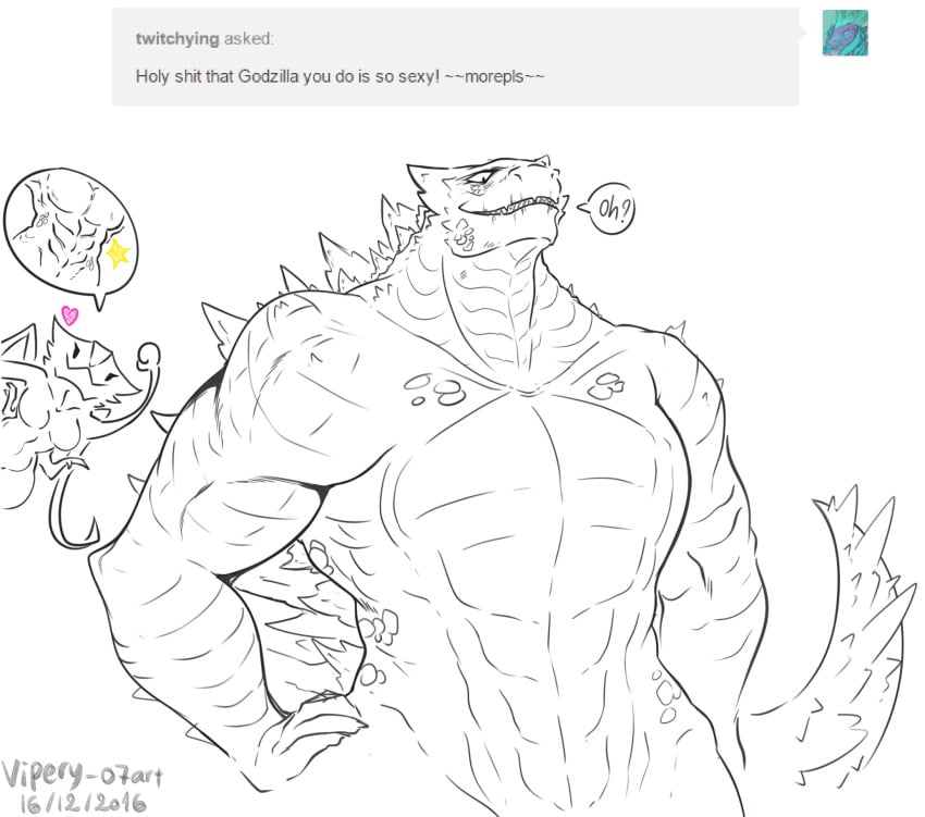 anthro anthrofied breasts dialogue female godzilla godzilla_(series) humor kaiju male male/female male_focus mammalian_reptile muscular muscular_male muto_(godzilla) muto_female_(godzilla) romantic_couple simple_background smile spikes sugarbeasts-07 tail tentacle white_background