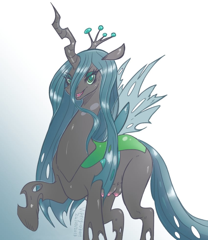 black_body blue_hair equid equine fangs female feral friendship_is_magic furry green_eyes hair hasbro hi_res horn horse mammal my_little_pony nipples open_mouth open_smile pony queen_chrysalis_(mlp) simple_background smile solo sugarbeasts-07 tongue vipery-07 wings