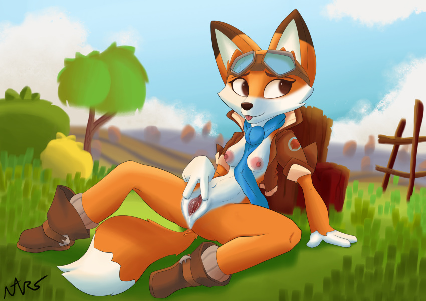 absurd_res anthro backpack belly bodily_fluids boots bottomless breasts brown_eyes canid canine clothed clothing cloud eyewear female fence footwear fox frommarstomercury fur genital_fluids genitals goggles goggles_on_head grass hi_res jacket_vest lyra_swiftail mammal meadow nipples orange_body orange_fur pink_nipples plant pussy pussy_juice scarf shrub sitting solo spread_legs spread_pussy spreading super_lucky's_tale teasing tongue tongue_out tree white_belly