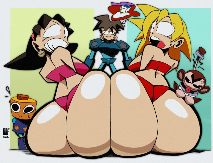 action-coaster_(artist) ass ass_comparison ass_focus ass_to_ass big_ass big_butt bikini butt large_ass mega_man mega_man_legends mega_man_volnutt oafworks pink_bikini pink_bikini_bottom pink_bikini_top red_bikini red_bikini_bottom red_bikini_top roll_caskett simple_background spilled_milk swimsuit swimwear thong thought_bubble tron_bonne