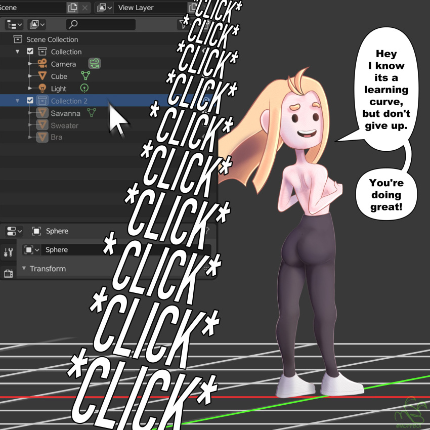 1girls ass blender blonde_female blonde_hair blonde_hair blonde_hair_female breasts covering covering_breasts english_text leggings moffboi mouse_cursor savannahxyz shoes simple_eyes smile speech_bubble standing text topless youtube youtuber youtuber_girl