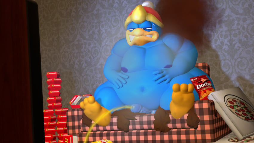 3d 3d_(artwork) big_belly bonfiefat couch defecating defecation erection fat food huge_belly king_dedede kirby_(series) obese peeing peeing_on_floor piss pissing pissing_on_floor scat sfm shirt shit shitting source_filmmaker tagme