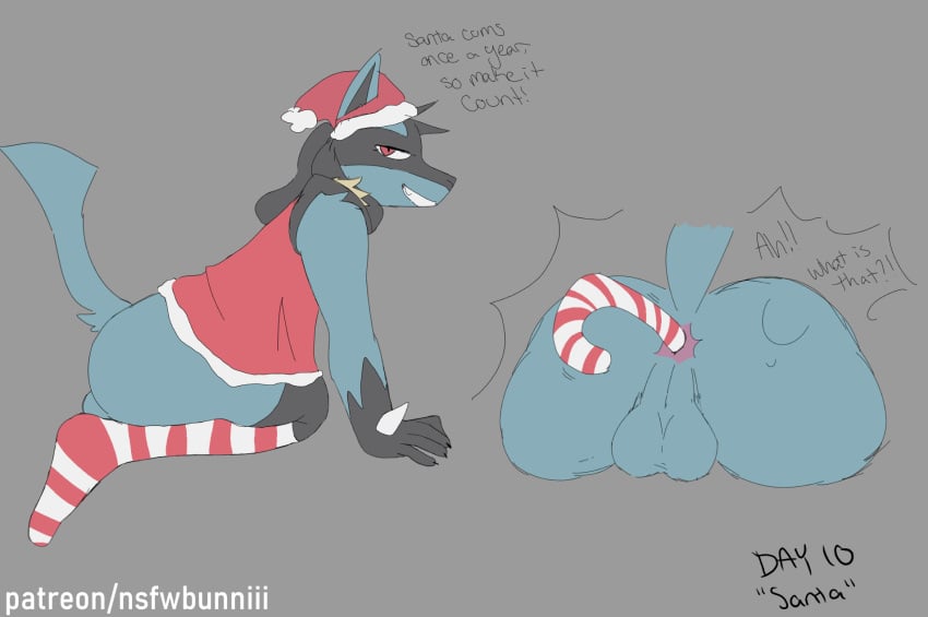 anthro anus ass backsack balls black_body black_fur blue_body blue_fur bodily_fluids bottomless bottomless_male candy candy_cane candy_cane_in_ass christmas christmas_clothing christmas_headwear claws clothed clothing costume dessert dialogue ears_up feet food footwear fur generation_4_pokemon genitals hat headgear headwear hi_res holidays lucario male nintendo nsfwbunniii object_insertion pattern_clothing pokemon pokemon_(species) question rear_view santa_costume santa_hat shaking side_view smile socks solo speech_bubble striped_clothing stripes surprise sweat sweatdrop tail tan_body tan_fur teeth text trembling