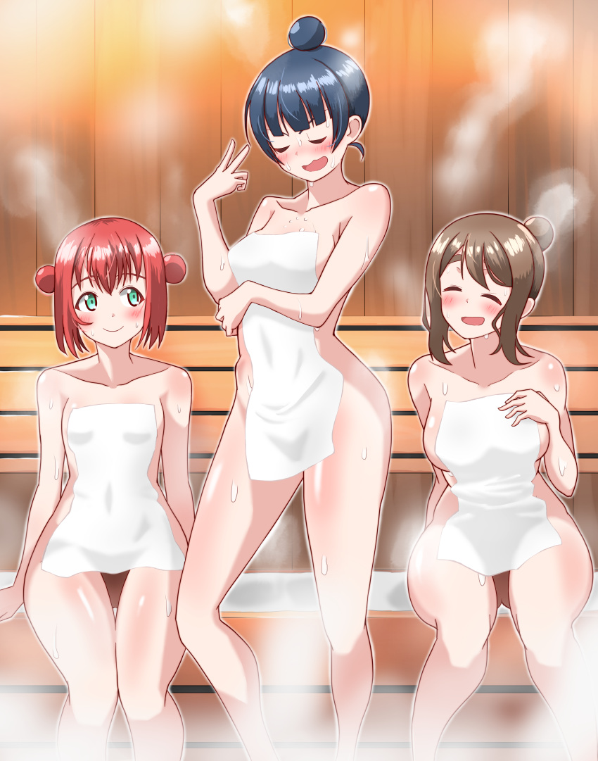 3girls blush breasts chokkakudo closed_eyes hair_bun kunikida_hanamaru kurosawa_ruby looking_at_another love_live! love_live!_sunshine!! multiple_girls naked_towel nude open_mouth posing sauna sitting smile steam sweat sweating towel towel_only tsushima_yoshiko