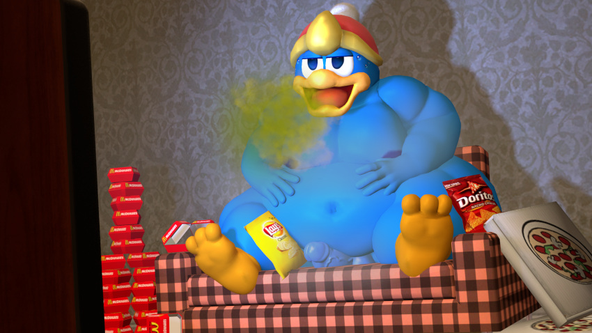 3d 3d_(artwork) big_belly bonfiefat burp burp_cloud burping couch erection fat food huge_belly king_dedede kirby_(series) obese obese_male sfm slob source_filmmaker tagme