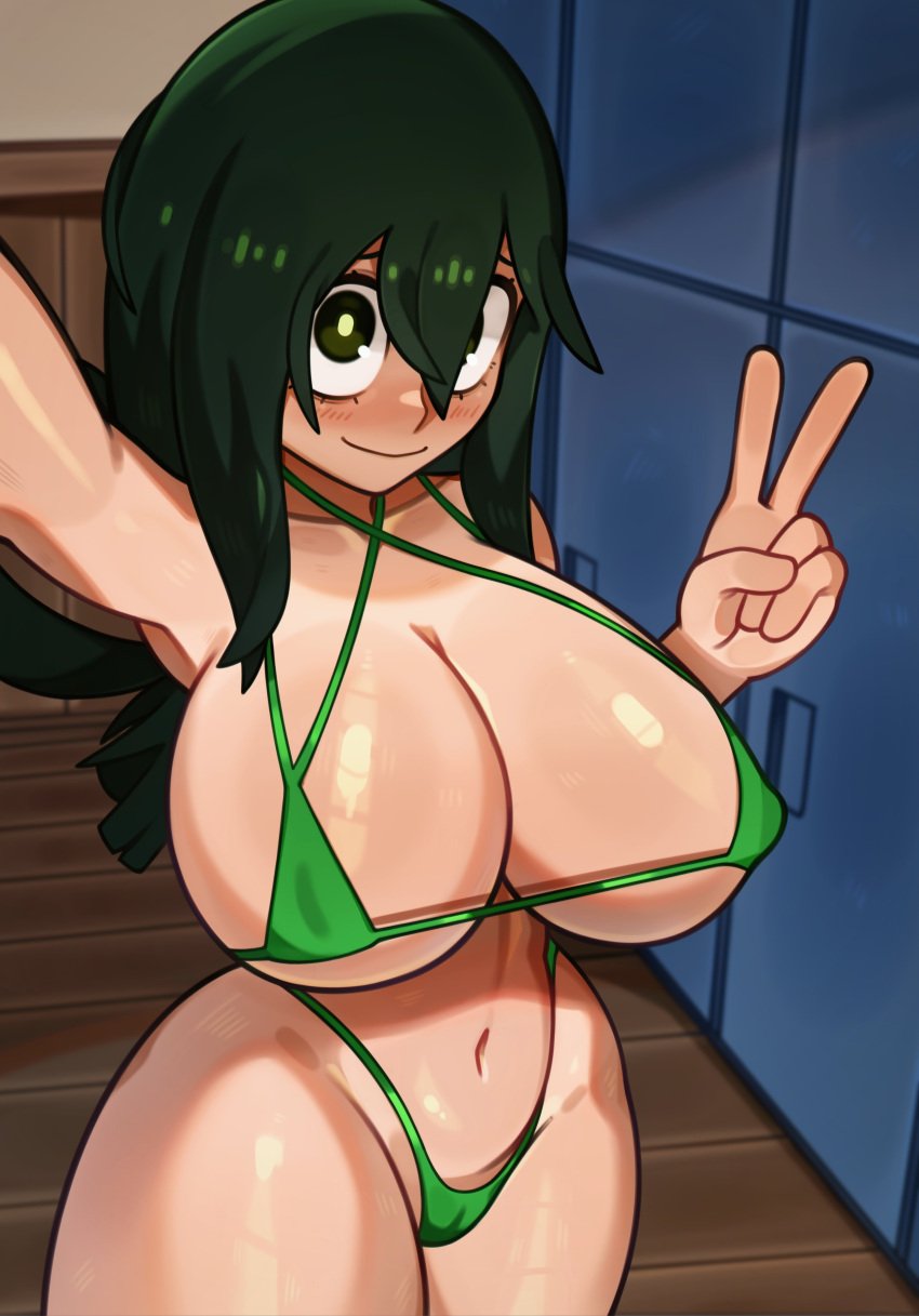 1girls big_breasts bikini breasts busty eyebrows female female_only green_hair light-skinned_female light_skin long_hair looking_at_viewer melonpuff my_hero_academia navel selfie solo solo_female solo_focus thick_thighs thighs tsuyu_asui voluptuous wide_hips