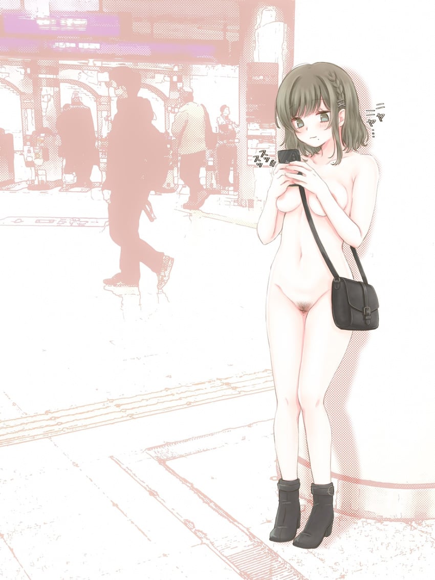 1girls bag blush breasts casual_nudity female handbag holding_phone looking_at_phone marrontorisu naked_footwear navel nipples nude original phone pubic_hair public public_nudity pussy shoes shoes_only standing zenra