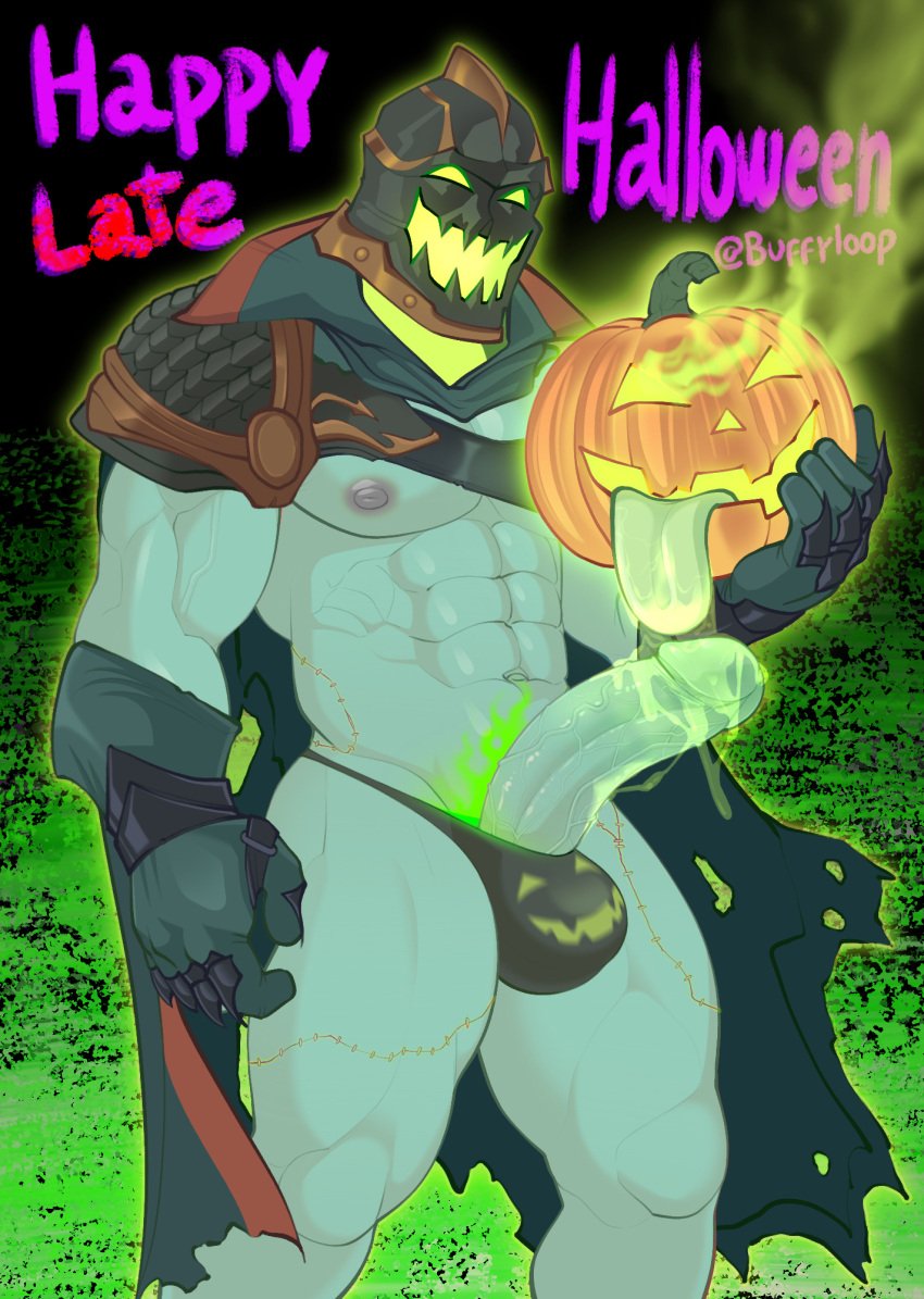 1boy 2023 balls bara bara_tits barazoku big_penis bulge erection gay halloween headless_horseman helmet holidays jack-o'-lantern jack_o'_lantern male male_focus male_nipples male_only manly muscular_male nipples penis pumpkin solo solo_male thong underwear yaoi