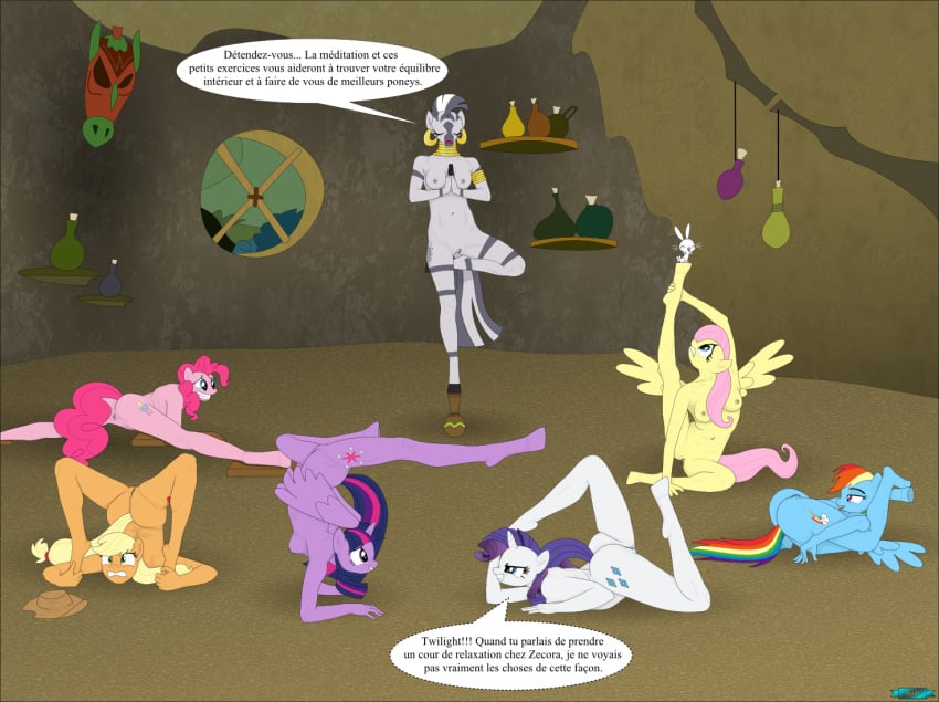 angel_(mlp) anthro applejack_(mlp) ass breasts fab3716 female fluttershy_(mlp) french_text friendship_is_magic furry genitals group my_little_pony pinkie_pie_(mlp) pussy rainbow_dash_(mlp) rarity_(mlp) smooth_skin twilight_sparkle_(mlp) zecora_(mlp)