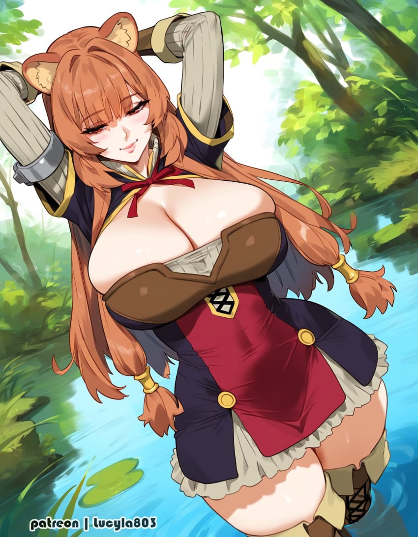 1girls ai_generated breasts cleavage female female_focus female_only hi_res large_breasts light-skinned_female light_skin looking_down lucyla raphtalia solo tate_no_yuusha_no_nariagari thighs