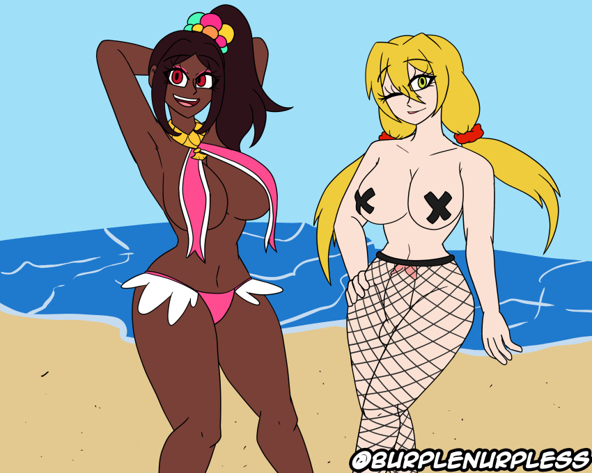 1futa 1girls armpits arms_behind_head bare_arms bare_legs bare_midriff bare_shoulders beach big_penis bikini blonde_hair blush breasts brown_hair burplenurpless cleavage clothed clothing collarbone crossed_legs dark-skinned_female dark_skin eyeshadow female fire_emblem fire_emblem_engage fishnet_legwear fishnets futa_on_female futanari green_eyes hair_between_eyes hand_on_own_hip human large_breasts legs light-skinned_futanari light_skin long_hair looking_at_viewer makeup medium_hair midriff mostly_nude navel nintendo ocean one_eye_closed open_mouth original outdoors pantyhose pasties penis pink_bikini pink_eyeshadow pink_swimsuit ponytail red_eyes revealing_clothes shoulders side_ponytail sideboob standing swimsuit testicles timerra_(fire_emblem) topless twintails very_long_hair wink x_pasties