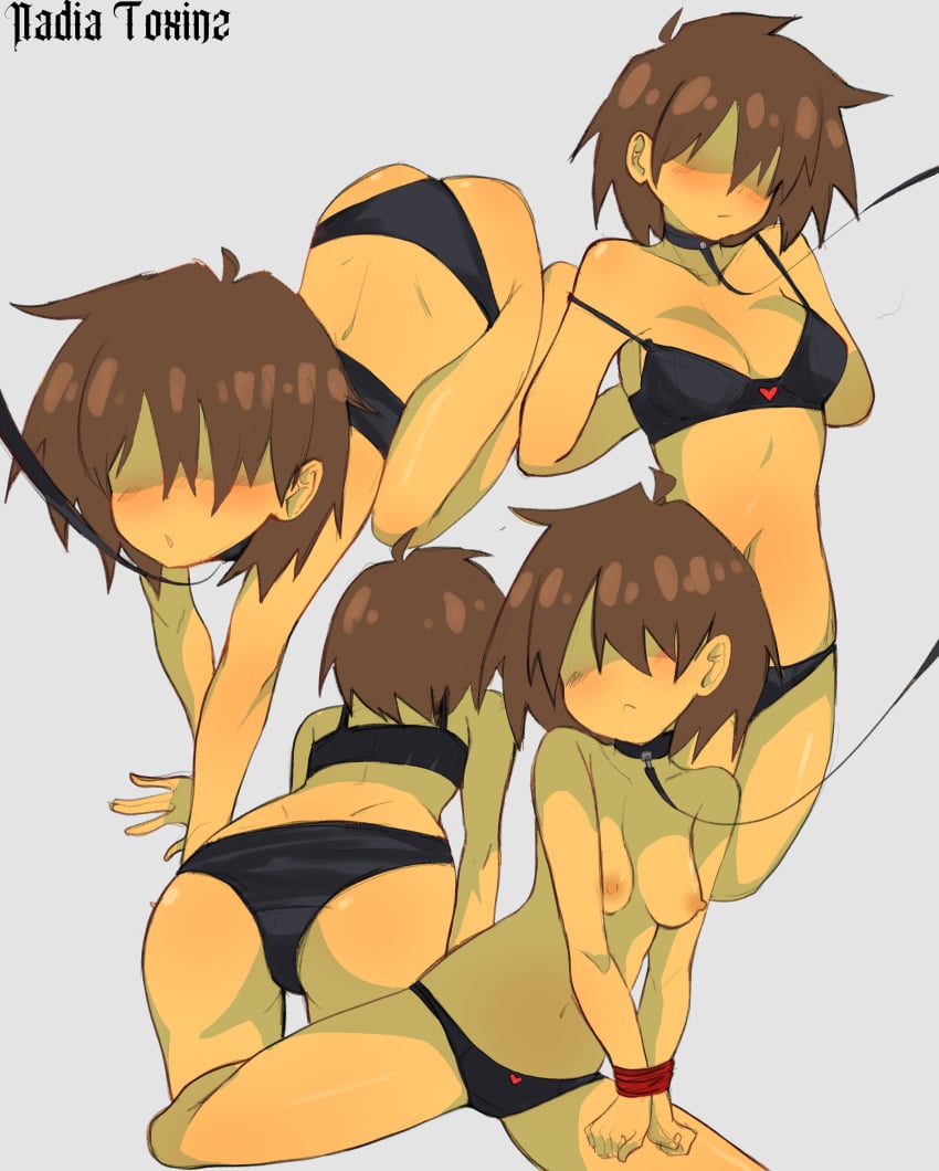 1girls 2d absurdres animal_collar ass bikini brown_hair collar color colored_skin deltarune female genderswap genderswap_(mtf) hair_over_eyes highres kris_(deltarune) kris_female_(deltarune) leash nadia_toxinz nipples solo swimsuit tagme undertale undertale_(series) yellow_skin