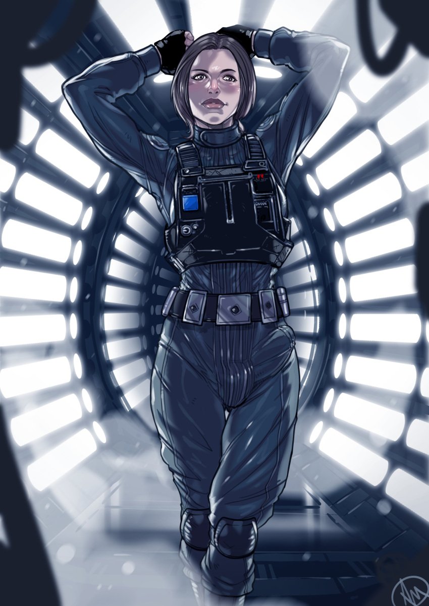 arms_up bulge_through_clothing clothed erection_under_clothes futanari ganassa jyn_erso penis_shaped_bulge rogue_one:_a_star_wars_story solo standing star_wars uniform