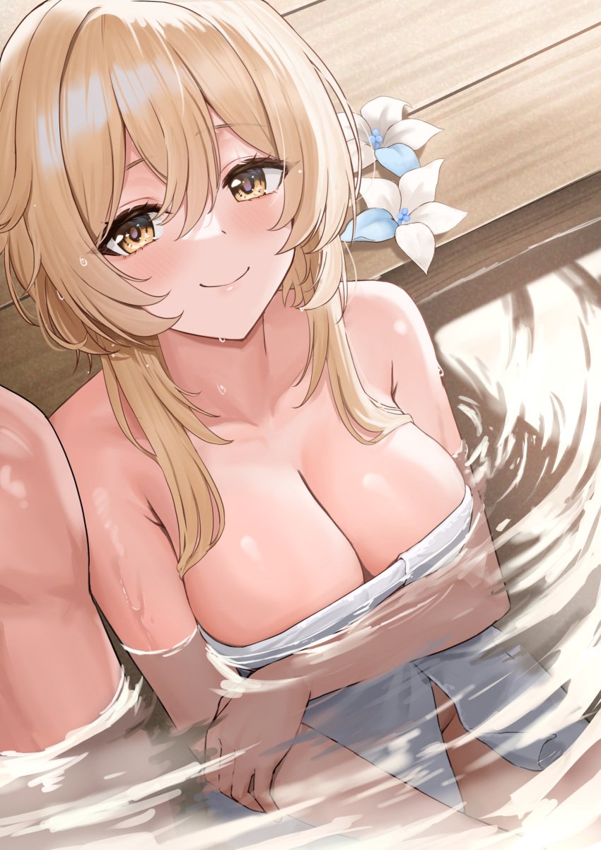 1boy 1girls ayul_(ayulneri_92) bare_shoulders bath bathhouse bathing blonde_hair blush breasts cleavage covering_breasts genshin_impact hoyoverse large_breasts lumine_(genshin_impact) mixed_bathing onsen smile smooth_skin towel water wet