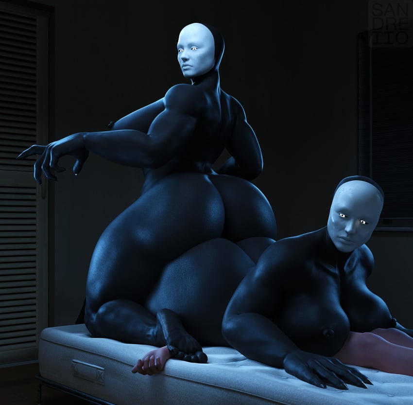 1boy 2girls 3d 3d_(artwork) areolae ass_sandwich ass_to_ass ass_view back_turned back_view bed bedroom big_ass busty butts_touching completely_nude completely_nude_female curvy curvy_figure detailed_background dominant_female facesitting feet female femdom ffm_threesome horror human humanoid kneeling larger_female looking_away lying male monster_girl nipples on_back on_bed on_stomach prone rear_view sandreiio size_difference sleep_paralysis_demon smaller_male soles submissive_male thick_thighs threesome trio