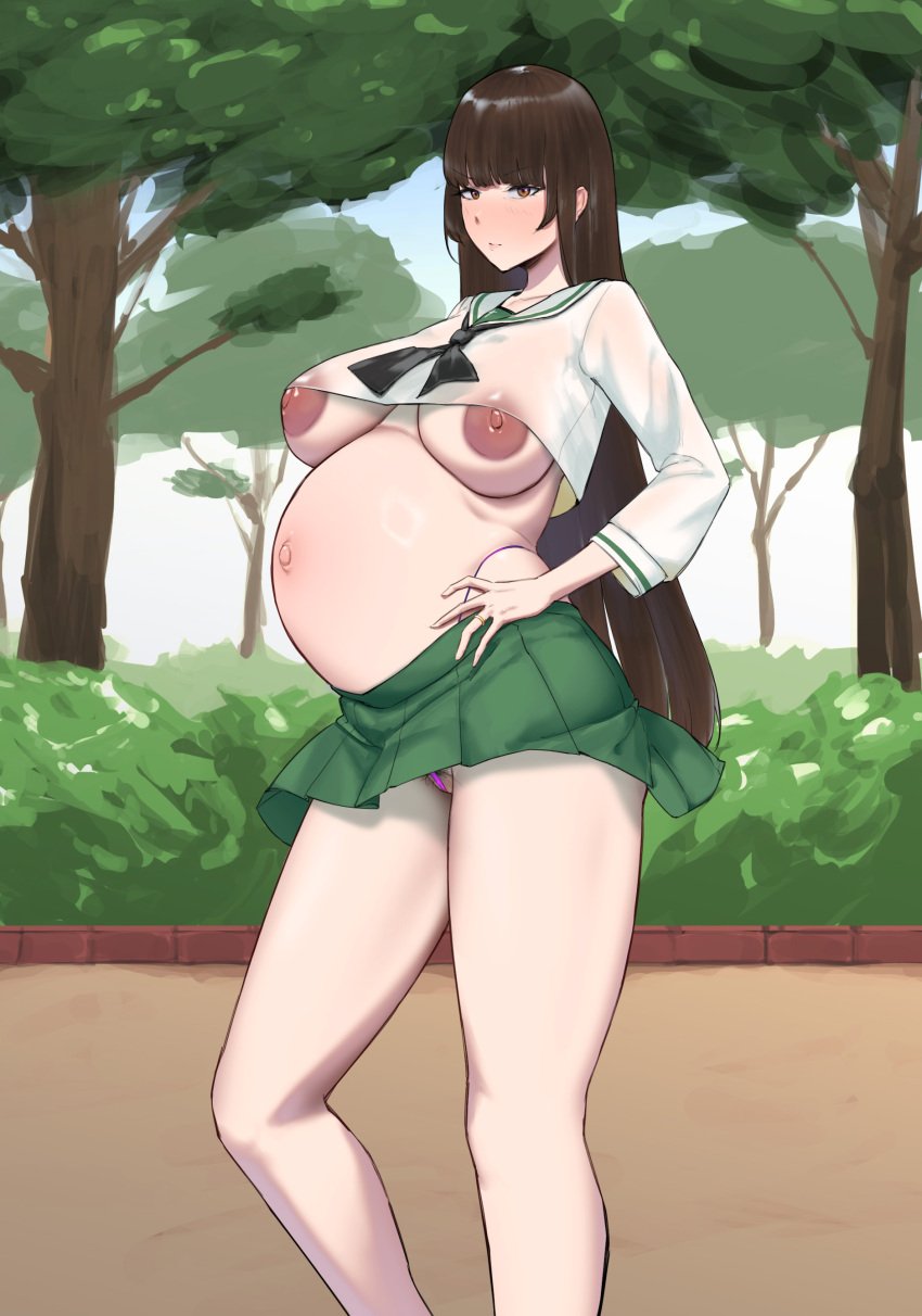 black_hair breasts brown_eyes closed_mouth dark_nipples female g-string girls_und_panzer hand_on_own_hip inonice01 large_breasts long_hair looking_at_viewer mature_female milf navel nipples nishizumi_shiho no_bra ooarai_school_uniform outdoors panties pregnant pubic_hair pubic_hair_peek school_uniform skirt solo thong underwear