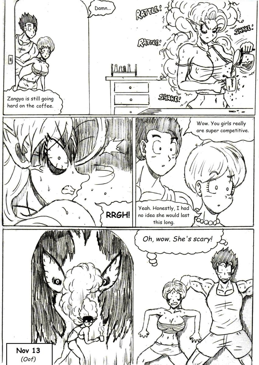 1boy 2girls coffee coffee_mug crazy crazy_eyes dragon_ball dragon_ball_super dragon_ball_z english_text erasa glaring hair_standing_up hiding no_nut_november page_13 race_of_hera right_to_left scared scared_expression scared_face scared_shitless son_gohan thewritefiction zangya