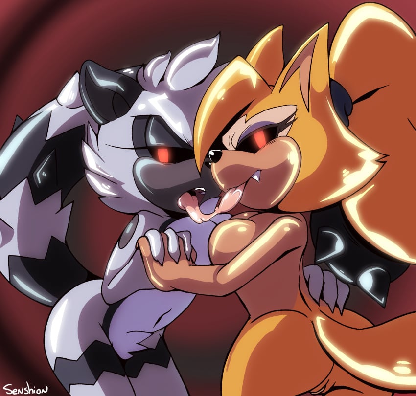 2girls after_kiss black_sclera drool drool_string french_kiss hand_on_hand hands_clasped lemur looking_at_viewer metallic_body mobian_(species) nude nude_female senshion sonic_(series) sonic_the_hedgehog_(idw) tangle_the_lemur vagina whisper_the_wolf wolf yuri zombot