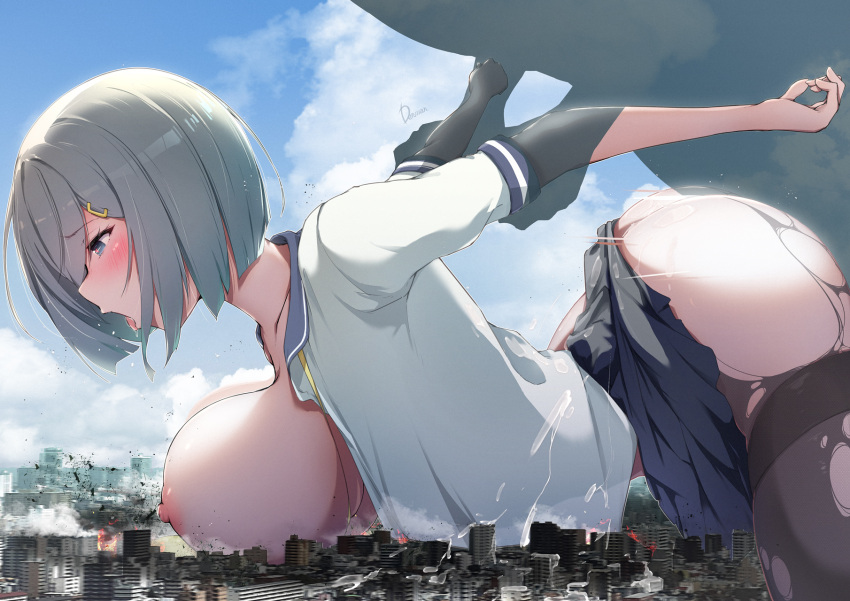 1boy 1girls arms_behind_back blush breasts city clothed_female_nude_male clothed_sex commission cum dermar destruction destructive_sex female giant giant_couple giant_male giant_sex giantess hair_ornament hairclip hamakaze_(kantai_collection) heart heart-shaped_pupils highres holding_another's_arm kantai_collection large_breasts macro nude open_clothes open_mouth open_shirt pantyhose sex sex_from_behind short_hair skeb_commission straight symbol-shaped_pupils tongue torn_clothes torn_pantyhose white_hair