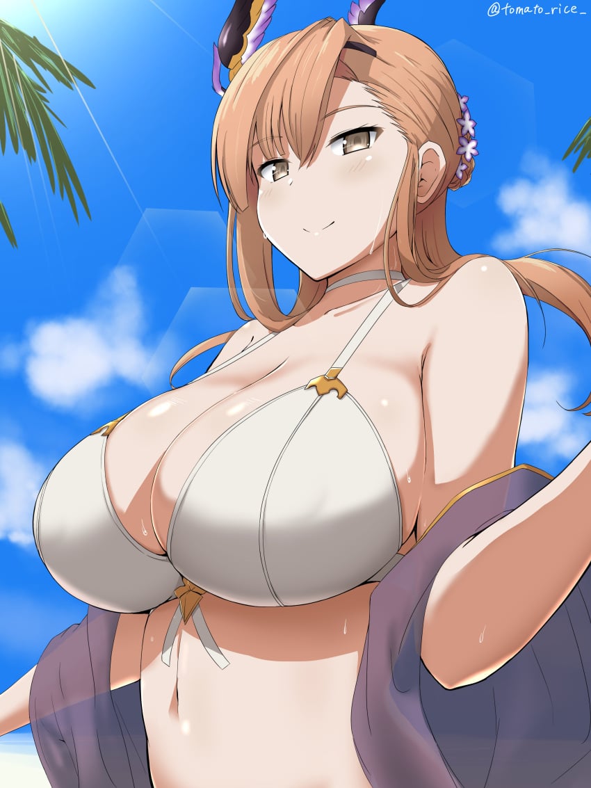 absurdres bikini blue_sky blush braid breasts brown_eyes brown_hair choker cleavage closed_mouth collarbone commentary_request day female flower french_braid granblue_fantasy hair_bun hair_flower hair_ornament hairband head_wings highres large_breasts long_hair looking_at_viewer navel official_alternate_costume outdoors sash sidelocks single_hair_bun sky smile solo swimsuit tomato_rice tweyen_(eternal's_summer_vacation)_(granblue_fantasy) tweyen_(granblue_fantasy) twitter_username white_bikini wings_on_head