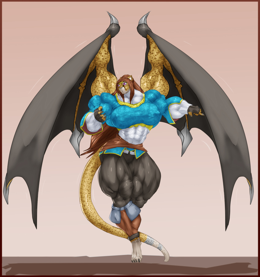 abs anthro b9tribeca biceps big_muscles breasts brown_hair cheetah dragon feline female hair hybrid large_muscles long_hair muscles muscular muscular_arms muscular_female muscular_legs muscular_thighs tail wings xilimyth