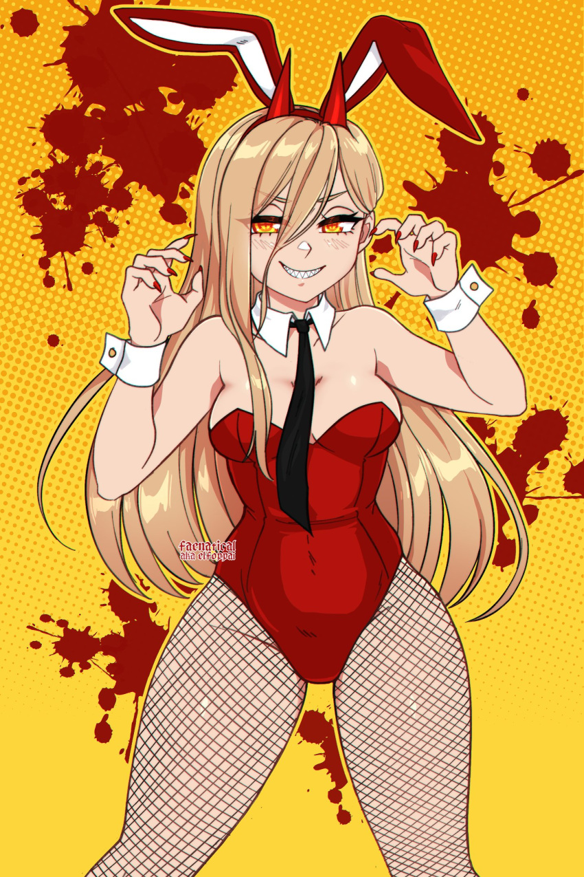 1girls 2023 artist_name blonde_hair bunny_ears bunny_ears_(cosmetic) bunnysuit chainsaw_man detached_collar elfoppai female female_only fishnet_pantyhose fishnets hi_res horns light_blush long_hair narrowed_eyes necktie orange_eyes pose power_(chainsaw_man) sharp_teeth smiling smiling_at_viewer solo symbol-shaped_pupils teeth_showing wrist_cuffs