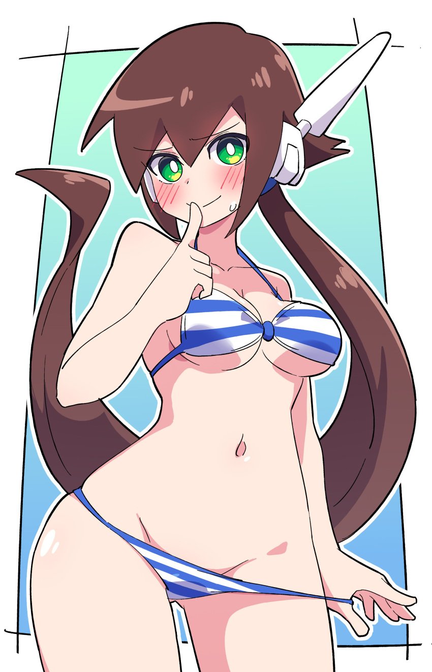 aile bikini blush_lines buzzlyears embarrassed fake_smile false_smile finger_on_lip heavy_blush medium_breasts mega_man mega_man_zx_advent striped_bikini sweatdrop swimsuit taking_off_panties thick_thighs wide_hips