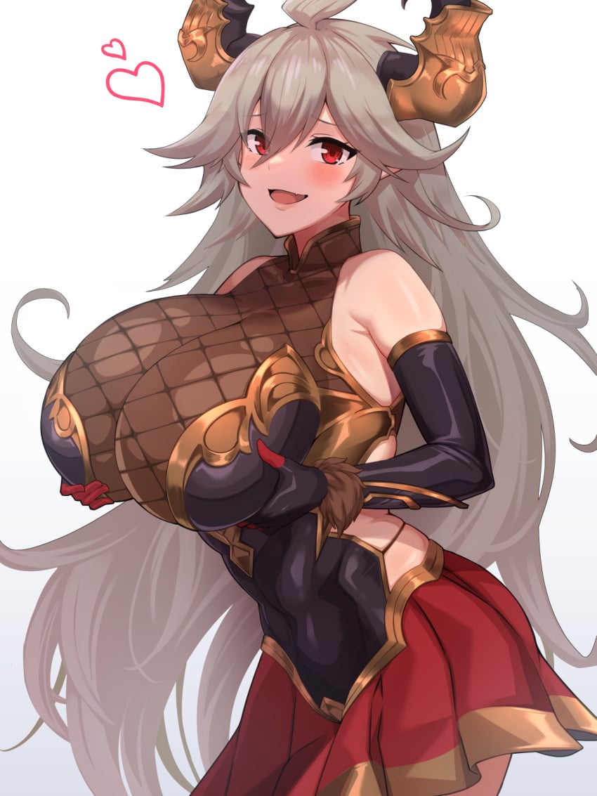 ahoge bare_shoulders breast_hold breasts draph elbow_gloves female gloves granblue_fantasy grey_hair highres horn_ornament horns lancer24 large_breasts long_hair pleated_skirt pointy_ears red_eyes skirt smile solo threo_(granblue_fantasy)