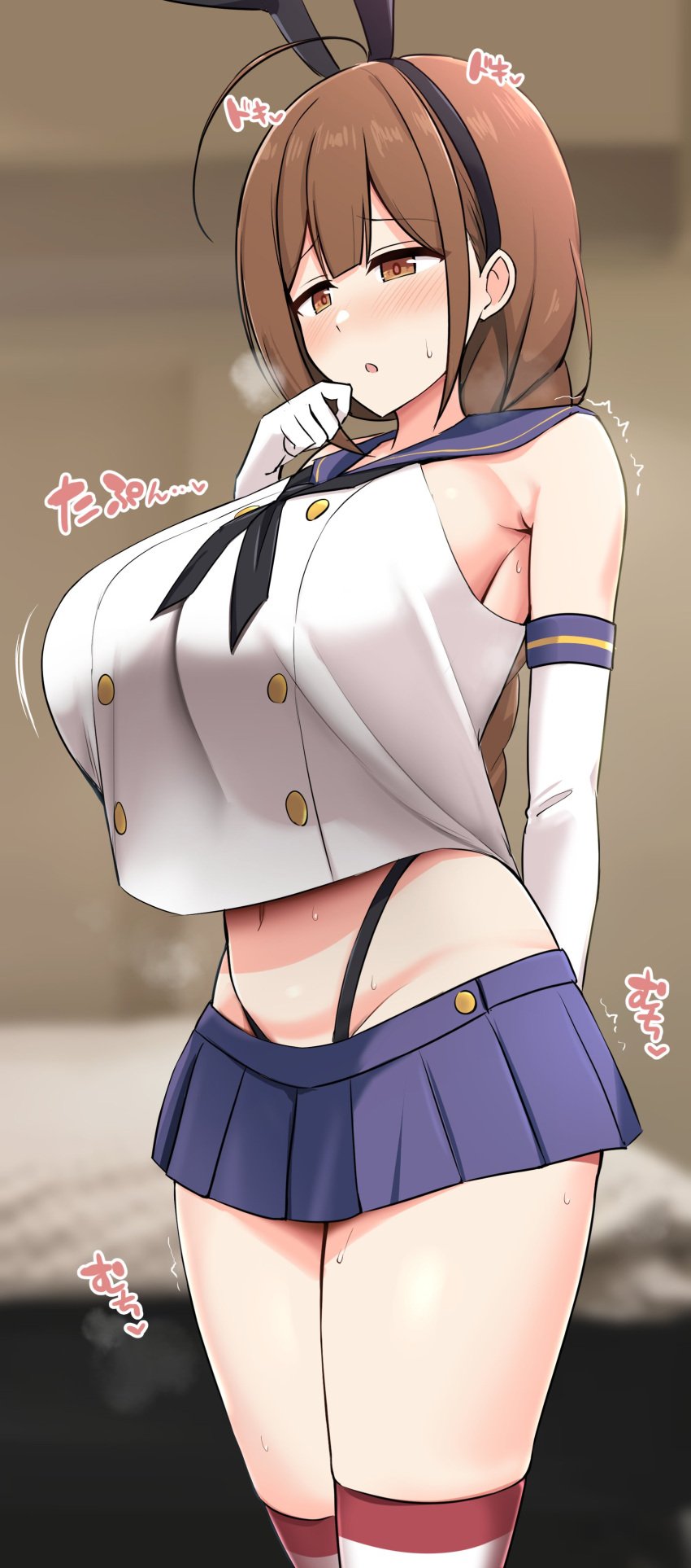 absurdres ahoge black_hairband black_neckerchief black_panties blue_sailor_collar blue_skirt braid breasts brown_eyes brown_hair cosplay crop_top elbow_gloves female female_only gloves hairband highleg highleg_panties highres huge_breasts idolmaster idolmaster_shiny_colors kantai_collection kuwayama_chiyuki large_breasts long_hair massive_breasts microskirt miniskirt neckerchief panties pleated_skirt sailor_collar shimakaze_(kantai_collection) shimakaze_(kantai_collection)_(cosplay) sideboob single_braid skirt solo solo_female striped striped_thighhighs thighhighs tomato_rice underwear white_gloves