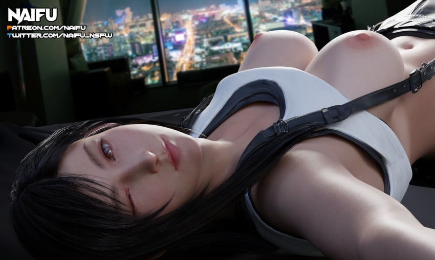 1girls 3d bed black_hair breasts breasts_out cityscape female female_only final_fantasy final_fantasy_vii final_fantasy_vii_remake large_breasts looking_at_viewer lying_down midriff naifu navel nipples on_back one_eye_closed red_eyes shirt_up smooth_skin solo solo_female suspenders tank_top tifa_lockhart window wink