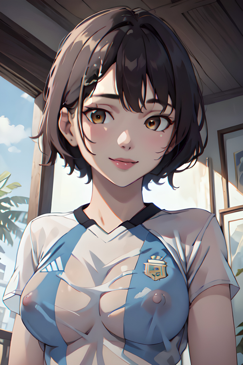 ai_generated argentina bob_cut brown_eyes brown_hair female female_only see-through see-through_clothing see-through_top short_hair smile soccer_uniform