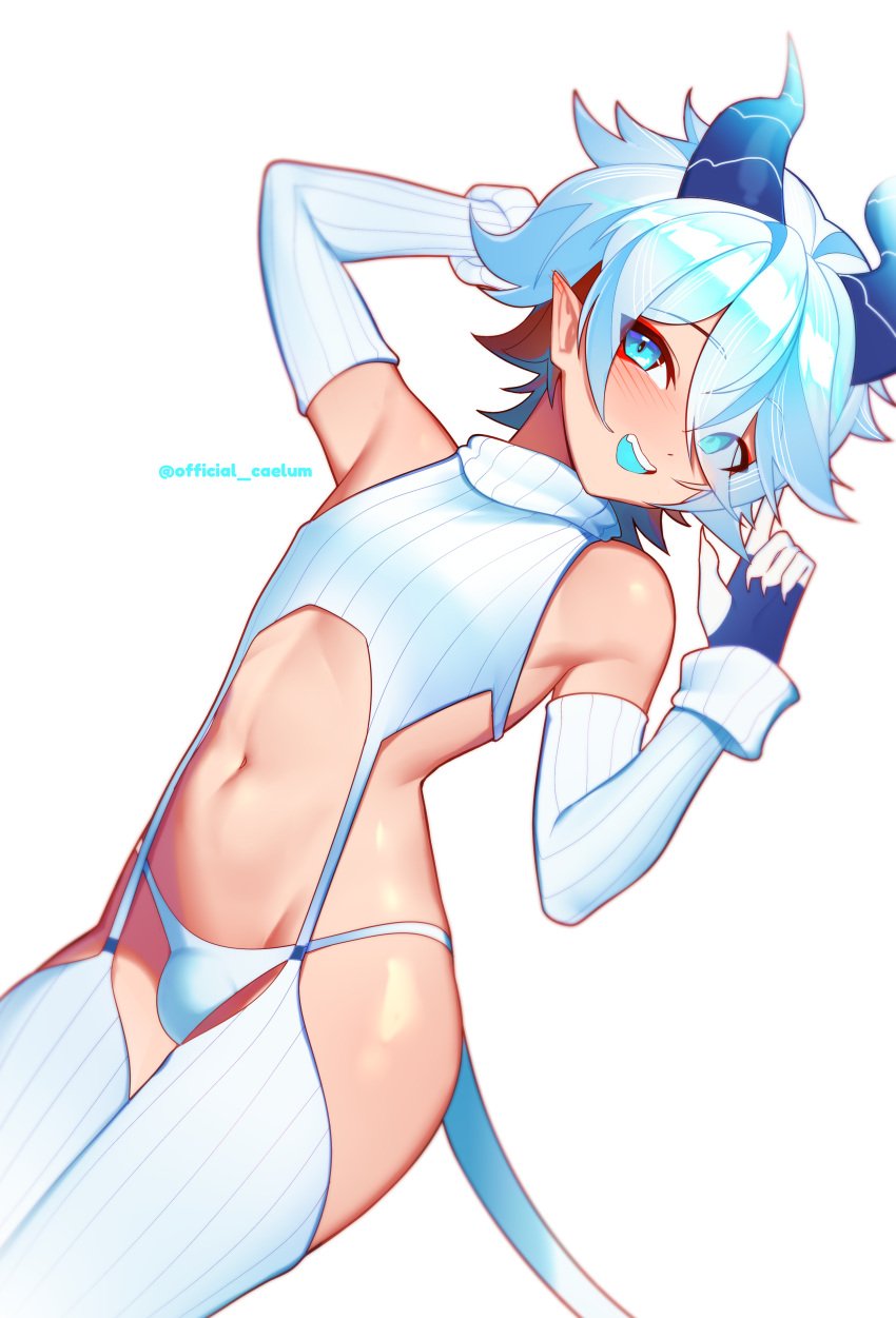 1boy 2d 2d_(artwork) anime_style arched_back blue_eyes blush caelum(vtuber) caelum_vt crossdressing demon demon_horns demon_tail femboy girly indie_virtual_youtuber looking_at_viewer male male_only male_pov open_mouth outfit partially_clothed sweater tagme trend tummy virtual_youtuber white_hair